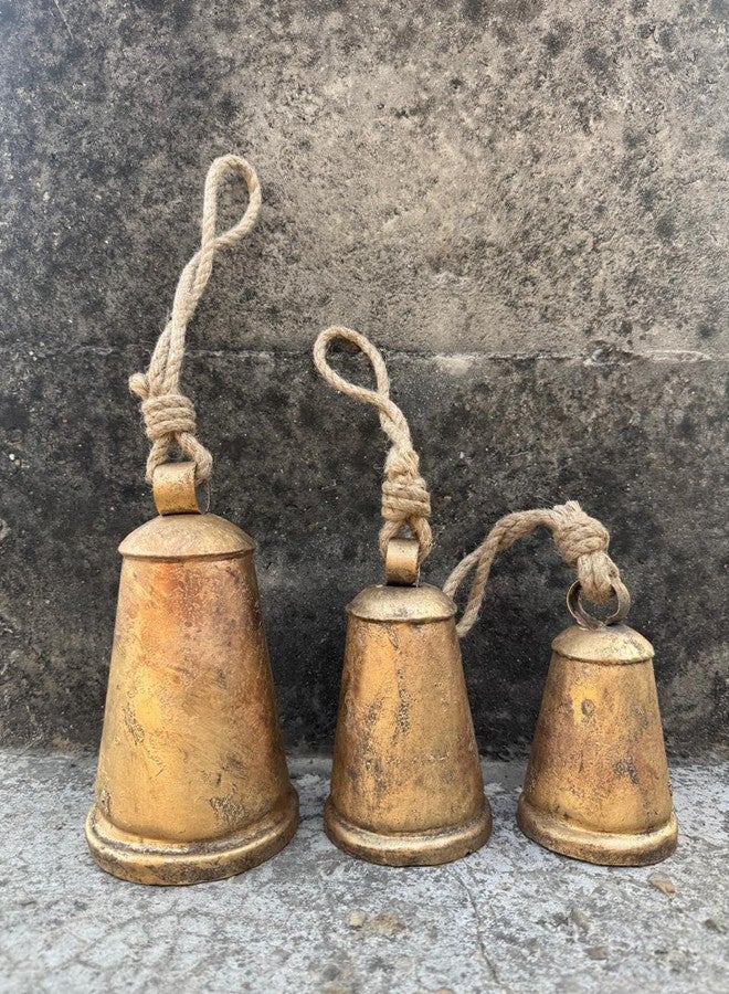 THOR INSTRUMENTS Gold Bells Metal Christmas Hanging Bells Vintage Decor with Jute Hanging Rope,Decorative Cow Bell, Ideal for Wedding,Christmas (Brass Cone Set of 3) - Image 4